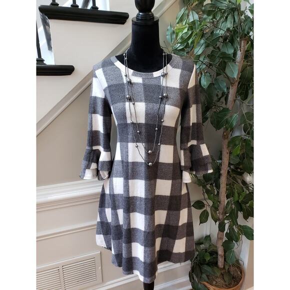 Unbranded Dresses & Skirts - Tunic Dress Women's S White Black Check Round Neck Ruffle Sleeve Pullover